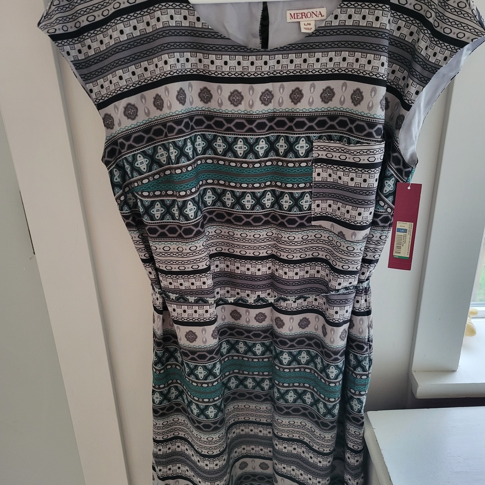 Merona Women's GeometricPatterned Midi Dress - Black, White, and Green Size L